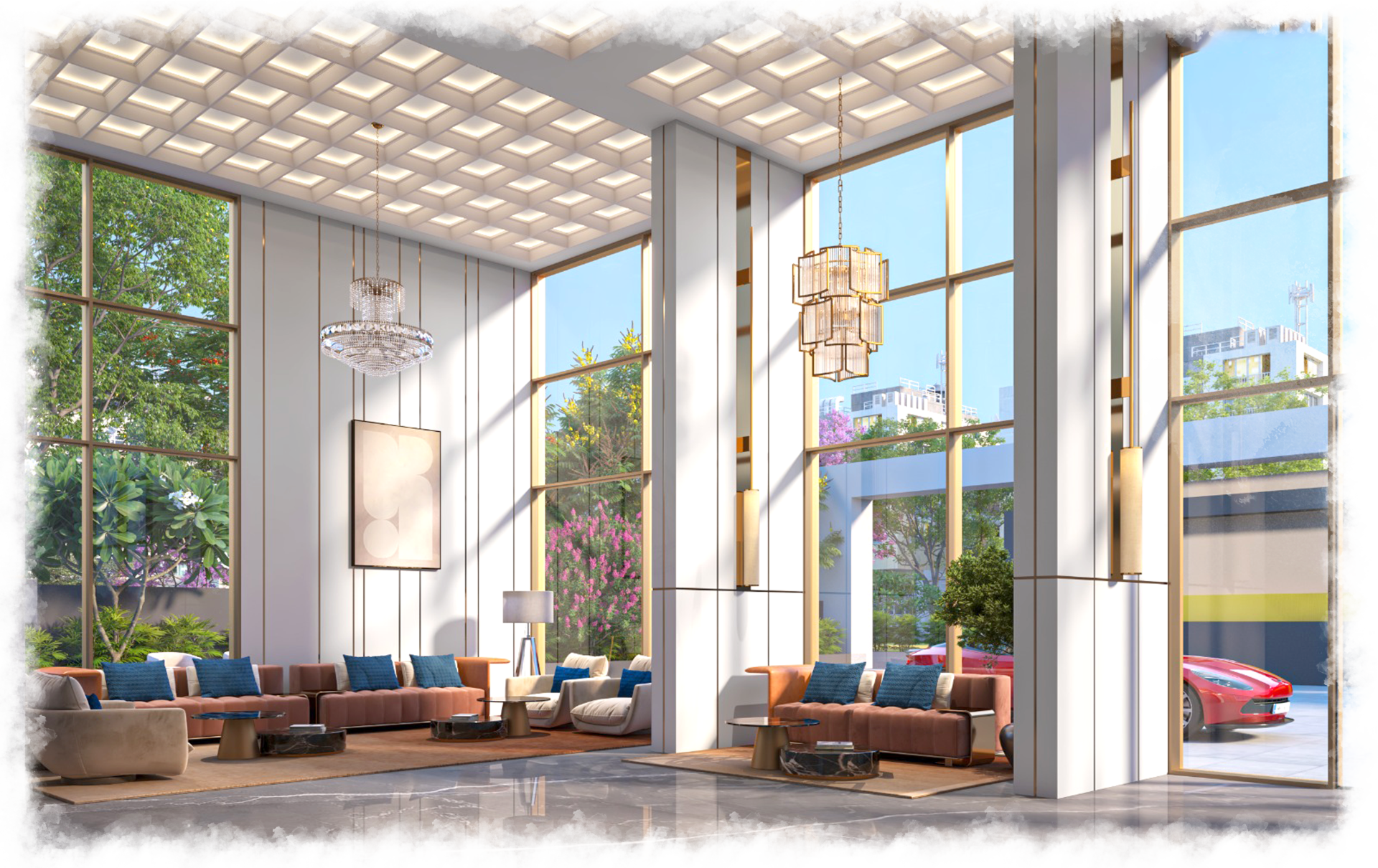 Grand double-height lobby at Shree Ram Skyline